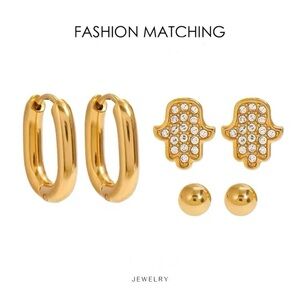 NEW✨ 3Pcs Stainless Steel Cubic Zirconia Hamsa Stud Oval Hoop Earrings Set